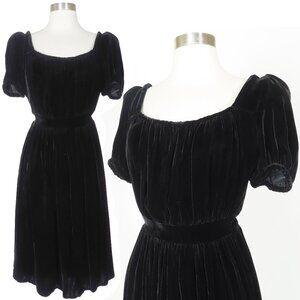 Vintage 30s 40s Puff Sleeve Soft Black SILK Velvet Swing Pinup Party Dress XS S